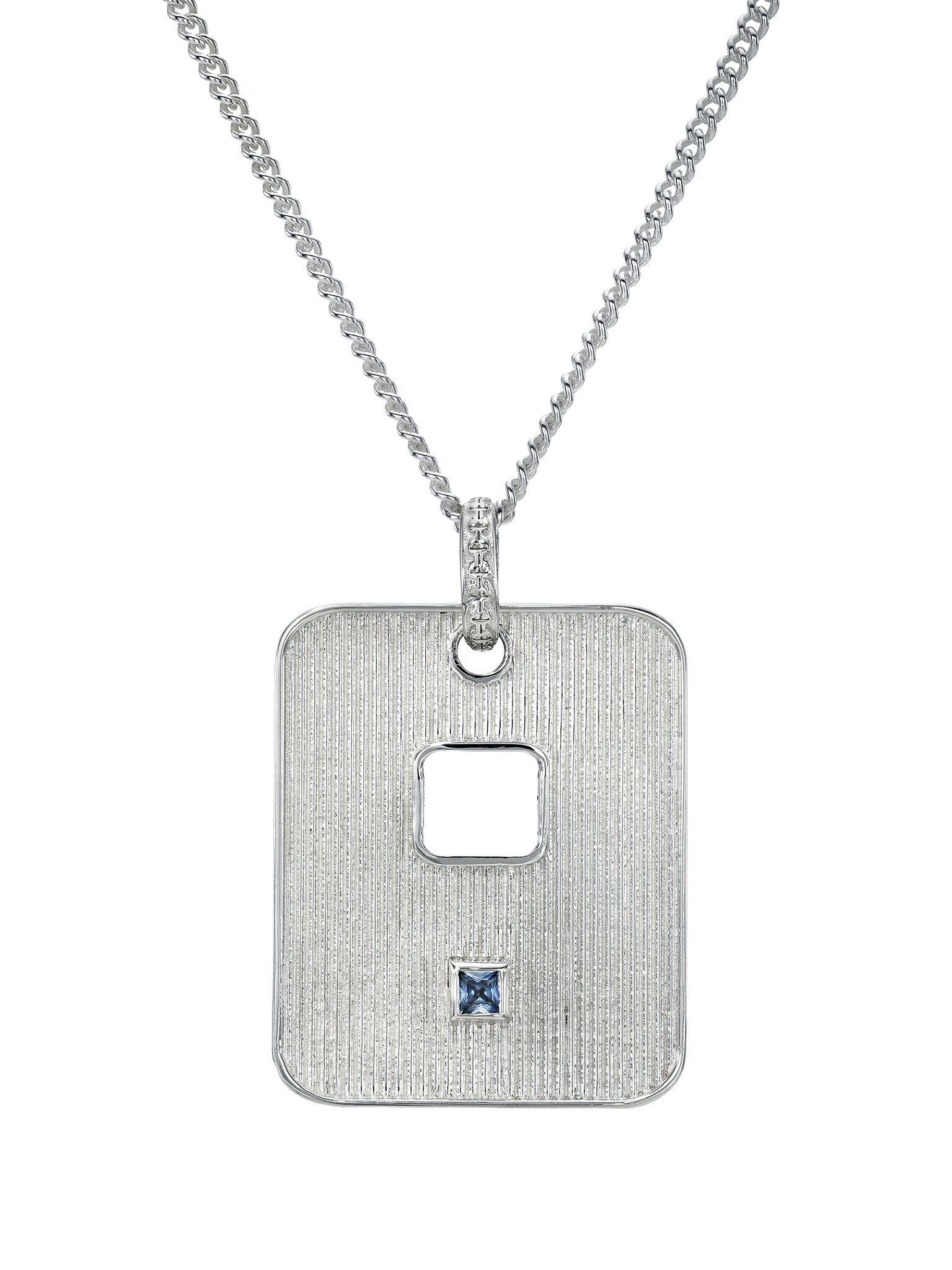 Sterling silver ribbed dog tag with sapphire